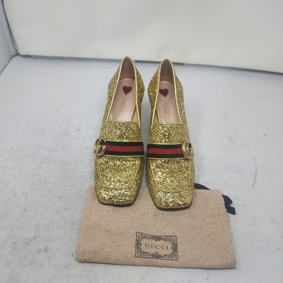 GUCCI GOLD SEQUIN GG PEYTON WEB HEEL SHOE - Picture 9 of 11